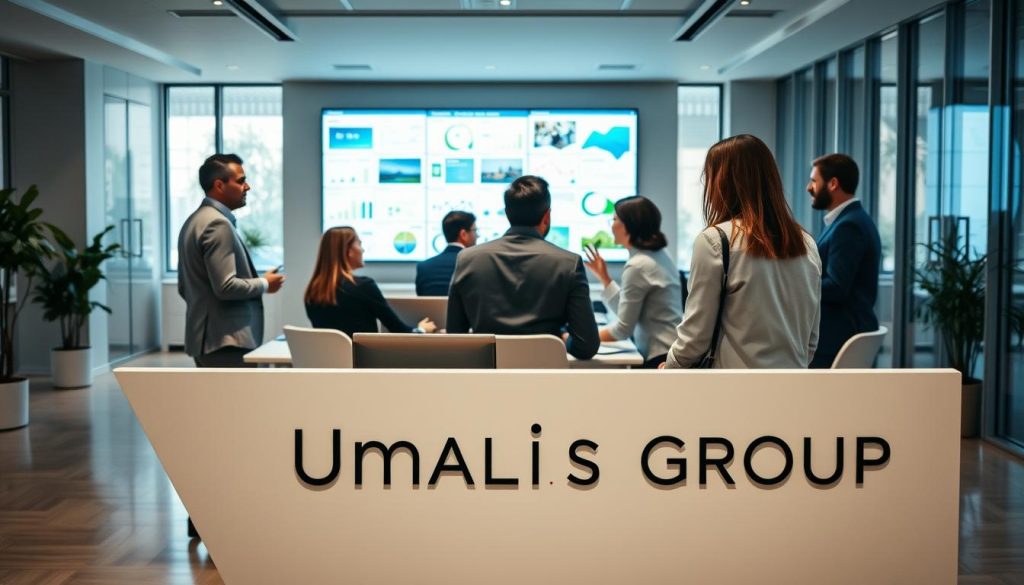 A group of environmental consultants collaborating in a modern, well-lit office space. In the foreground, the Umalis Group brand logo is prominently displayed on a sleek, minimalist desk. The consultants, dressed in professional attire, are engaged in animated discussions, sharing insights and strategies around a large conference table. The middle ground features a wall-mounted display showcasing various environmental projects and data visualizations. The background is filled with floor-to-ceiling windows, allowing natural light to flood the space and create a sense of openness and transparency. An atmosphere of expertise, innovation, and environmental stewardship permeates the scene.