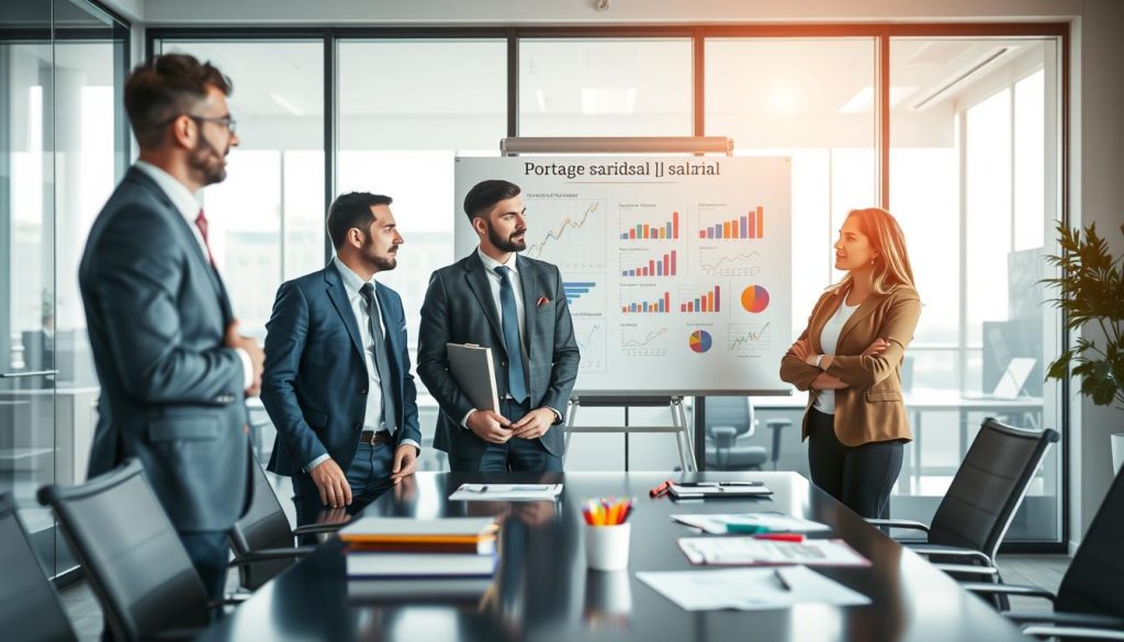 A group of professional individuals engaged in a discussion about portage salarial in an office setting. In the foreground, depict three diverse businesspeople—two men and one woman—wearing tailored business attire, standing around a sleek conference table filled with folders and charts. In the middle ground, a large whiteboard displays key statistics and graphs related to the portage salarial market in France, with colorful markers. The background features a modern office space with large windows allowing natural light to fill the room. Use a soft focus effect to create a warm and collaborative atmosphere, emphasizing teamwork and professionalism, while maintaining a balanced composition. A group of professional individuals engaged in a discussion about portage salarial in an office setting. In the foreground, depict three diverse businesspeople—two men and one woman—wearing tailored business attire, standing around a sleek conference table filled with folders and charts. In the middle ground, a large whiteboard displays key statistics and graphs related to the portage salarial market in France, with colorful markers. The background features a modern office space with large windows allowing natural light to fill the room. Use a soft focus effect to create a warm and collaborative atmosphere, emphasizing teamwork and professionalism, while maintaining a balanced composition.