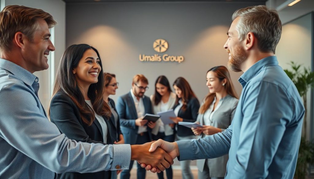 A group of professional individuals gathered in a well-lit, modern office setting, engaged in dynamic conversation and collaboration. In the foreground, two people shake hands, faces alight with genuine warmth and connection. In the middle ground, a small cluster of colleagues review documents and notes, their body language open and attentive. In the background, a tasteful Umalis Group logo adorns the wall, reinforcing a sense of belonging and shared purpose. The overall mood is one of authenticity, trust, and a shared commitment to growth and success.