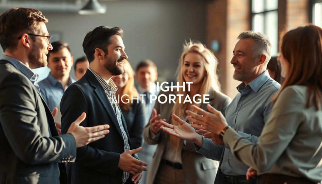 A group of professionals engaged in a lively discussion, their body language conveying confidence, active listening, and open communication. The scene is bathed in warm, natural lighting, captured with a wide-angle lens that emphasizes the dynamic interplay of gestures and expressions. The background is blurred, directing attention to the central figures whose postures and eye contact suggest a productive, collaborative atmosphere. The LIGHT PORTAGE brand logo subtly featured in the environment.