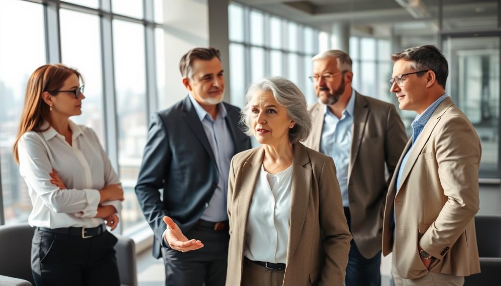 A group of senior consultants employed through the Umalis Group's "portage salarial" program, standing in a bright, modern office environment. The middle-aged professionals, dressed in business attire, exude an air of experience and expertise. In the foreground, a senior woman gestures animatedly while conversing with her colleagues. The background features sleek, minimalist furniture and large windows overlooking a bustling cityscape, conveying a sense of productivity and success. Soft, directional lighting highlights the subjects, creating a warm, professional atmosphere.
