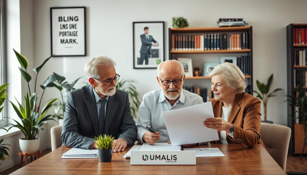 A group of senior professionals engaged in a lively discussion around a table, reflecting on the benefits of "portage salarial." In the foreground, two seniors, a man and a woman, are reviewing documents and sharing insights, both dressed in smart business attire. In the middle ground, soft natural light filters through large windows, illuminating a well-organized office space adorned with plants and motivational artwork. Behind them, shelves filled with books on management and finance enhance the scholarly atmosphere. The overall mood is one of collaboration, stability, and security, emphasizing the advantages of financial independence and support. The logo of UMALIS GROUP is subtly visible on a document on the table, reinforcing a sense of professionalism and reliability.