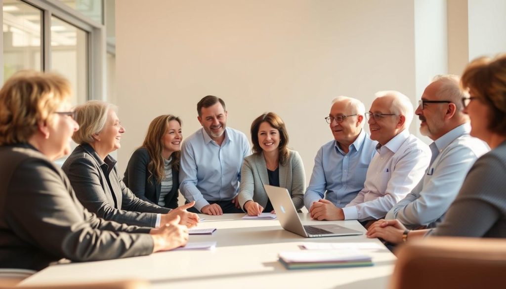 A group of senior professionals in a bright, airy office space, gathered around a conference table, engaged in an animated discussion. The scene is bathed in warm, natural light filtering through large windows. The faces of the participants convey a sense of camaraderie and trust, as they share their personal experiences with the Umalis Group's secure freelance work program. The background is clean and minimalist, with simple, contemporary furnishings that create a professional yet welcoming atmosphere.