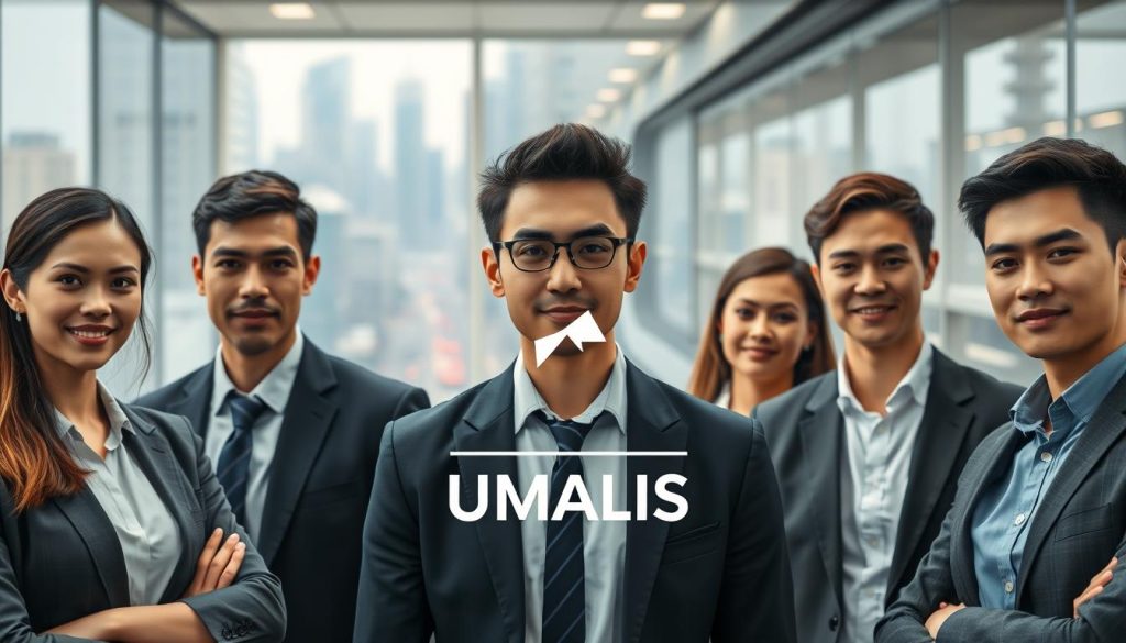 A group of young professionals, dressed in business attire, stand confidently in a modern office setting. Soft, directional lighting illuminates their faces, conveying a sense of ambition and determination. In the background, a cityscape of skyscrapers and bustling streets sets the scene, representing the dynamic environment they seek to navigate. The UMALIS GROUP logo is prominently displayed, suggesting the support and guidance they receive as they embark on their professional journeys.