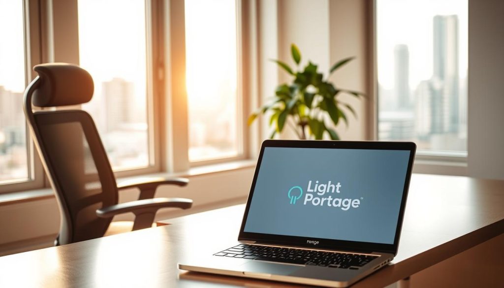 A harmonious balance between professional and personal life, embodied in a serene, minimalist workspace. Warm natural light filters through large windows, casting a soft glow on a spacious desk and ergonomic chair. In the foreground, a laptop displays the "Light Portage" brand, symbolizing the flexibility and work-life integration it provides. The middle ground features a lush indoor plant, representing the nurturing of personal wellbeing. In the background, a blurred cityscape suggests a sense of connection to the outside world, while maintaining a tranquil, focused atmosphere. The overall composition conveys a sense of equilibrium, productivity, and a harmonious work-life balance.