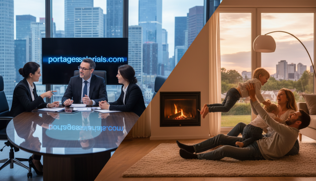 A harmonious split-image illustrating the balance between personal and professional life. In the foreground, a diverse group of three professionals in smart business attire, discussing around a modern conference table. In the middle, a serene family scene with parents laughing and playing with their children in a cozy living room. In the background, a city skyline that transitions into a peaceful suburban landscape, symbolizing the coexistence of work and home life. Soft, warm lighting highlights the personal interaction, while cool light illuminates the professional setting, creating a supportive contrast. The overall mood is optimistic and fulfilling, aiming to showcase the benefits of a healthy work-life balance. Include the website "portagesalarials.com" subtly integrated into the scene, blending with the modern decor.
