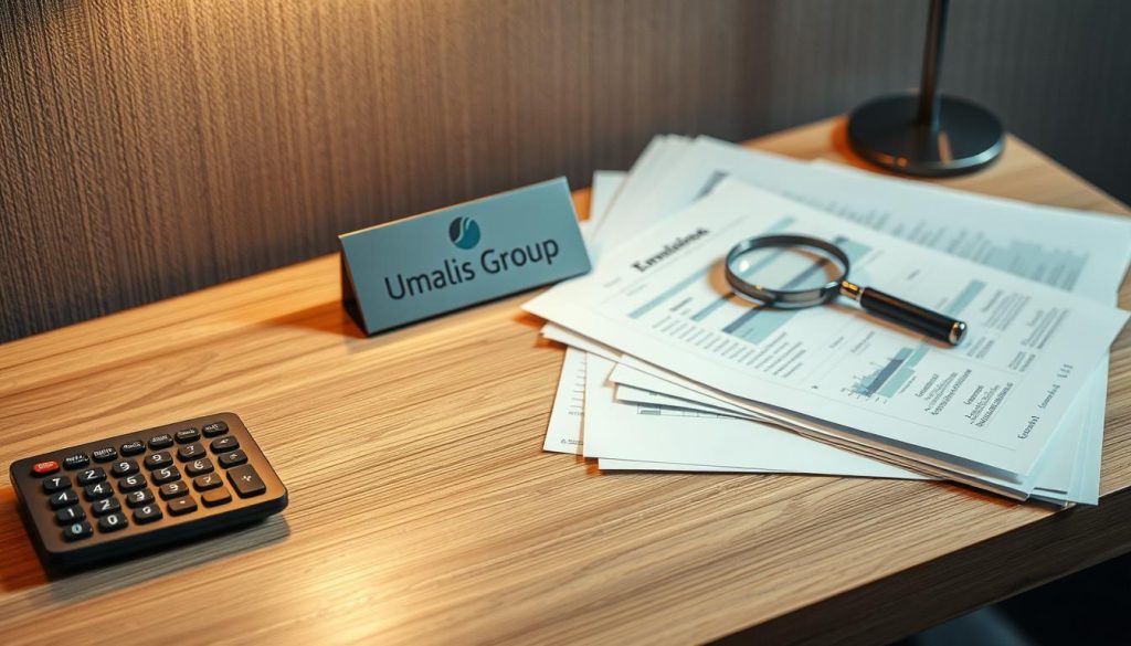 A high-angle view of a meticulously organized desk, adorned with a sleek, metallic "Umalis Group" nameplate. The surface is dominated by a stack of financial documents, neatly arranged alongside a calculator and a magnifying glass. The lighting is soft and warm, casting a contemplative ambiance over the scene. In the background, a muted, textured wall adds depth and a sense of professionalism. The overall composition conveys the meticulous attention to detail and financial expertise required to navigate the complexities of "taux d'imposition" in the context of salaried employment.
