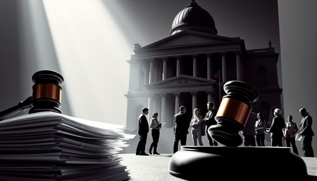 A high-contrast, architectural composition depicting the changes in French employment law regulations surrounding "portage salarial". In the foreground, a stack of legal documents and a gavel symbolize the legislative process. In the middle ground, a group of freelance workers and business owners engaged in discussion, representing the stakeholders impacted by the regulatory shifts. The background features a looming government building, casting an ominous shadow over the scene, highlighting the gravity of the legal alterations. Dramatic lighting from above casts sharp shadows, creating a sense of weight and seriousness. The overall mood is one of tension and anticipation, reflecting the uncertainty surrounding the evolving "portage salarial" framework.