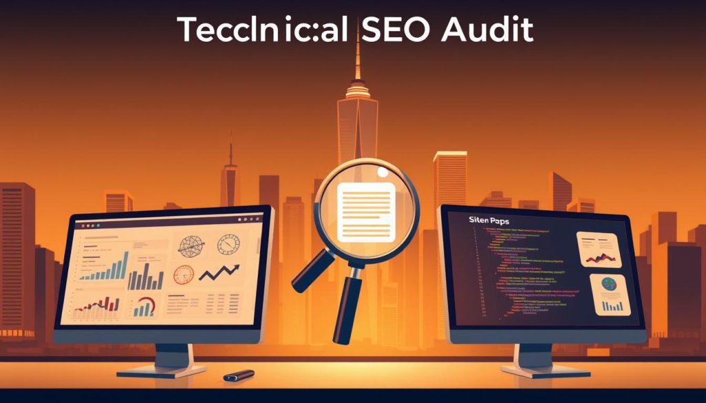 A high-contrast, architectural illustration of a "Technical SEO Audit" conducted by the Umalis Group. In the foreground, a trio of computer screens display analytics data, sitemaps, and technical reports. In the middle ground, a magnifying glass hovers, symbolizing the close inspection of website code and infrastructure. The background features a city skyline with towering skyscrapers, representing the scale and complexity of modern web development. Warm lighting casts a professional, authoritative mood, while a clean, minimalist aesthetic conveys the precision and rigor of the Umalis Group's technical SEO audit process.