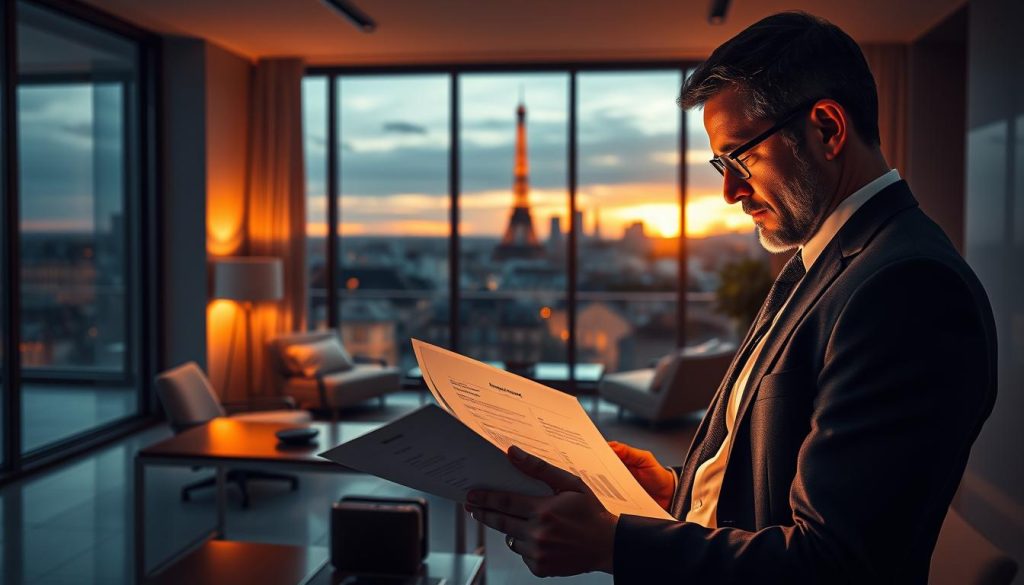 A high-contrast, cinematic image depicting the intricacies of French tax optimization through Portage Salarial. In the foreground, a meticulously rendered businessman in a sharp suit examines financial documents, his face illuminated by the warm glow of a desk lamp. The middle ground features a sleek, modern office environment, with minimalist furniture and clean lines. In the background, a large window showcases the iconic Parisian skyline, bathed in the soft, golden light of sunset. The overall atmosphere conveys a sense of professionalism, attention to detail, and the careful navigation of complex tax regulations.