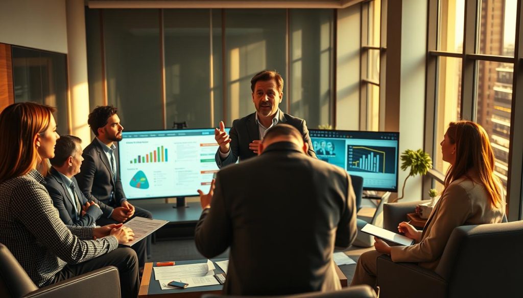 A high-contrast, cinematic image of a Umalis Group consultant leading a transition management workshop. The foreground features the consultant gesturing expressively, surrounded by a diverse team of professionals engaged in discussion. The middle ground showcases various documents, charts, and digital displays illustrating specialized mission management techniques. The background depicts a modern, minimalist office setting with sleek furniture and large windows, bathed in warm, directional lighting that casts dynamic shadows. The overall composition conveys a sense of focused collaboration, expertise, and a dynamic, forward-thinking approach to transition management. A high-contrast, cinematic image of a Umalis Group consultant leading a transition management workshop. The foreground features the consultant gesturing expressively, surrounded by a diverse team of professionals engaged in discussion. The middle ground showcases various documents, charts, and digital displays illustrating specialized mission management techniques. The background depicts a modern, minimalist office setting with sleek furniture and large windows, bathed in warm, directional lighting that casts dynamic shadows. The overall composition conveys a sense of focused collaboration, expertise, and a dynamic, forward-thinking approach to transition management.