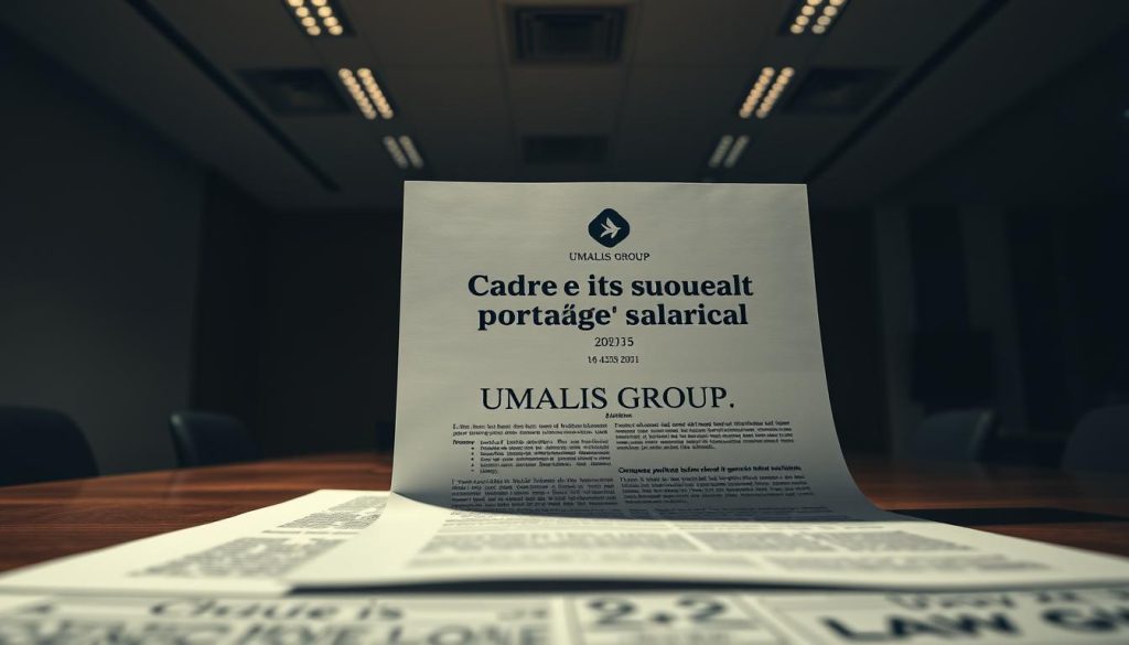 A high-contrast, cinematic image of a detailed legal document titled "Cadre juridique portage salarial" with the UMALIS GROUP logo prominently displayed. The document is set against a backdrop of a dimly lit, modern office environment with a neutral color palette. The lighting casts dramatic shadows, creating a sense of authority and professionalism. The camera angle is slightly low, emphasizing the importance and gravitas of the legal subject matter. The overall mood is one of seriousness, precision, and the weight of the law.