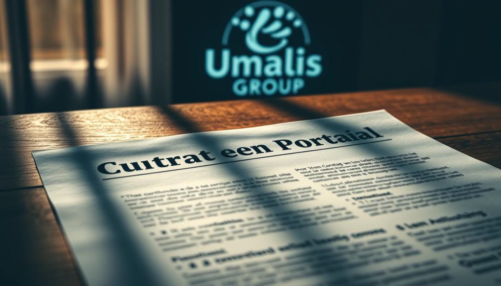 A high-contrast, cinematic image of a legal document labeled "Contrat en Portage Salarial" laid on a wooden table. The document is illuminated from the side, casting dramatic shadows and highlighting the intricate details of the contract. In the background, the Umalis Group logo is prominently displayed, signifying the company's expertise in this area. The overall atmosphere is one of professionalism, security, and attention to detail, reflecting the subject of the article section.