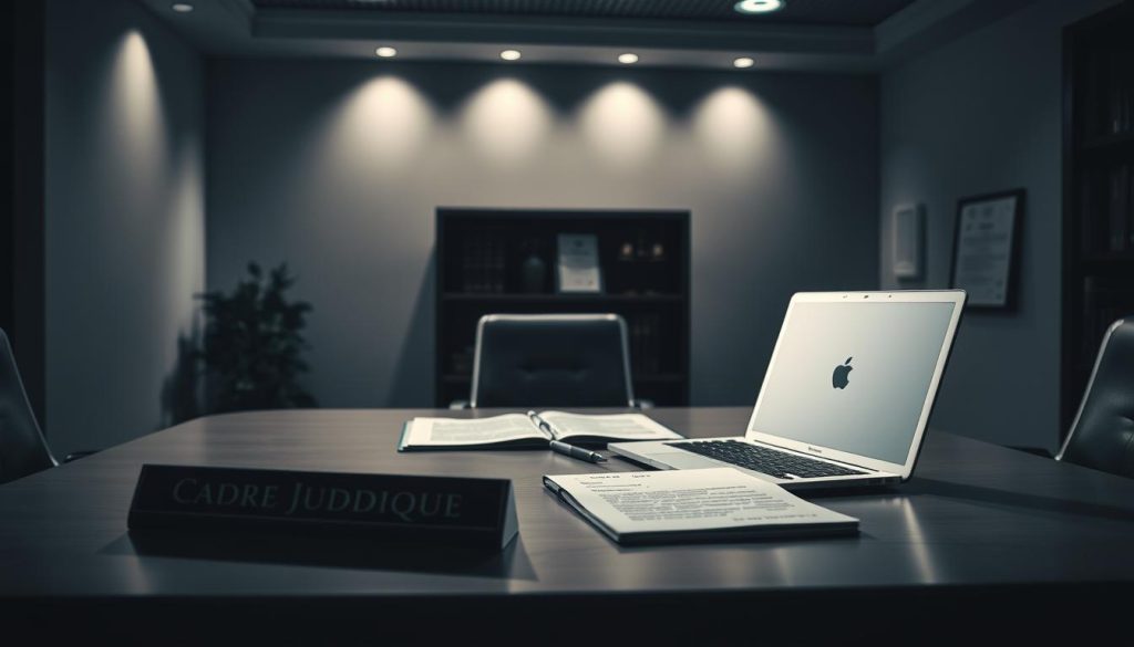 A high-contrast, cinematic image of a modern office interior, showcasing the legal framework and administrative aspects of the Umalis Group's salaried portage system. The scene features a prominent desk with a laptop, legal documents, and a nameplate displaying "Cadre Juridique". The lighting is soft and directional, casting dramatic shadows and highlighting the professional, authoritative atmosphere. In the background, a bookshelf with law books and a wall-mounted certificate or diploma convey the legal expertise and compliance required for this specialized employment model. The overall mood is one of security, precision, and the careful navigation of the complex social security and labor code regulations governing salaried portage.