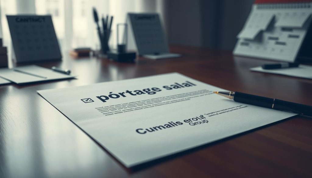 A high-contrast, crisp shot of a formal employment contract with the title "Contrat de Travail en Portage Salarial" prominently displayed. The document rests on a polished wooden desk, illuminated by soft, directional lighting that casts subtle shadows. The Umalis Group logo is subtly watermarked in the bottom corner. In the background, blurred but recognizable, are office supplies and a calendar, conveying a sense of professionalism and organization. The overall mood is one of authority, legality, and the careful consideration of employment details. A high-contrast, crisp shot of a formal employment contract with the title "Contrat de Travail en Portage Salarial" prominently displayed. The document rests on a polished wooden desk, illuminated by soft, directional lighting that casts subtle shadows. The Umalis Group logo is subtly watermarked in the bottom corner. In the background, blurred but recognizable, are office supplies and a calendar, conveying a sense of professionalism and organization. The overall mood is one of authority, legality, and the careful consideration of employment details.