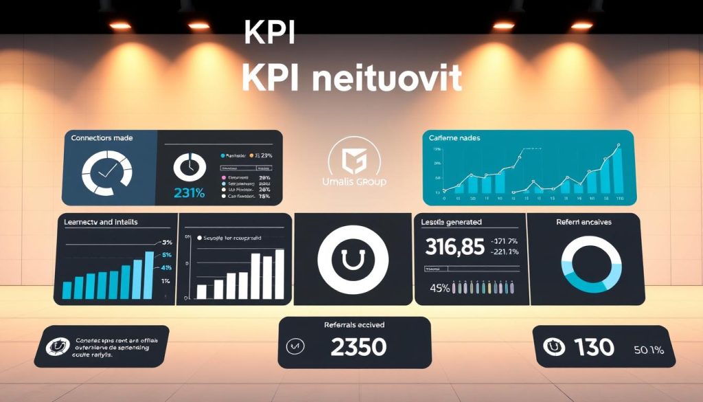 A high-contrast, data-driven infographic depicting the "KPI réseau" or network performance indicators. The foreground features a series of customizable charts and graphs, visualizing key metrics such as connections made, leads generated, and referrals received. The middle ground showcases the Umalis Group brand identity, with a minimalist logo and sleek typographic elements. The background is a clean, neutral space with subtle grid lines, suggesting the precision and analytics underlying the network's performance. Illuminated by warm, directional lighting, the overall atmosphere is one of professionalism, clarity, and data-driven insights. The composition is balanced, with ample negative space to allow the key information to shine.