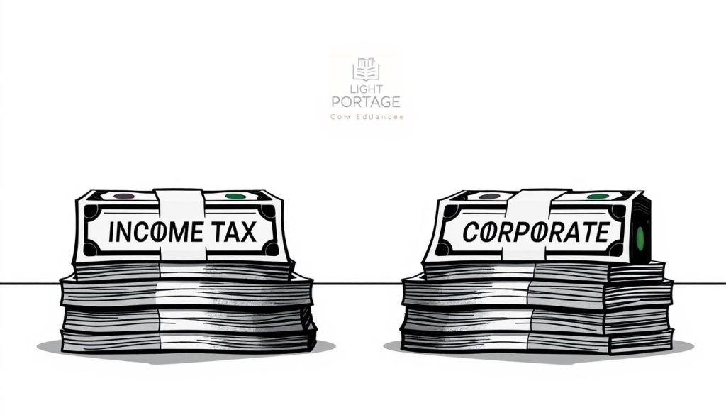 A high-contrast, detailed digital illustration depicting the concept of "income tax vs. corporate tax" with a balanced and professional visual style. In the foreground, two stacks of currency notes - one marked "INCOME TAX" and the other "CORPORATE TAX" - stand in opposition, symbolizing the differences between the two taxation systems. The middle ground features a LIGHT PORTAGE logo and subtle graphical elements alluding to financial documents and calculations. The background is a clean, minimalist space with a subtle gradient or pattern, creating a sense of depth and emphasis on the central visual elements. The overall mood is informative, analytical, and visually striking, suitable for an educational article on tax considerations for freelancers.