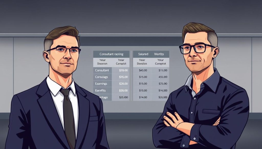 A high-contrast, detailed illustration depicting a side-by-side comparison of the financial remuneration for a consultant versus a salaried employee under the umbrella of the Umalis Group. The foreground showcases two distinct employee profiles, one in a suit representing the consultant, the other in casual attire representing the salaried worker. The middle ground visualizes a graphical representation of the compensation packages, highlighting the key differences in earnings, benefits, and overall financial standing. The background features a sleek, minimalist setting with muted tones, emphasizing the analytical nature of the comparison. The image should convey a sense of professionalism, clarity, and the distinct advantages and disadvantages of each employment status within the Umalis Group. A high-contrast, detailed illustration depicting a side-by-side comparison of the financial remuneration for a consultant versus a salaried employee under the umbrella of the Umalis Group. The foreground showcases two distinct employee profiles, one in a suit representing the consultant, the other in casual attire representing the salaried worker. The middle ground visualizes a graphical representation of the compensation packages, highlighting the key differences in earnings, benefits, and overall financial standing. The background features a sleek, minimalist setting with muted tones, emphasizing the analytical nature of the comparison. The image should convey a sense of professionalism, clarity, and the distinct advantages and disadvantages of each employment status within the Umalis Group.