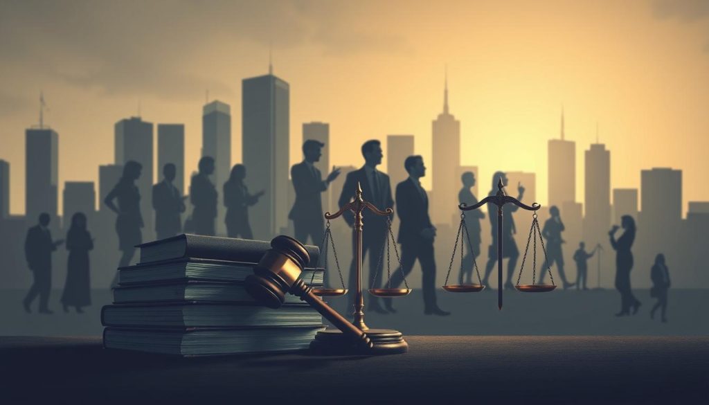 A high-contrast, photorealistic illustration depicting the legal and social foundations of employment, showcasing a thoughtful composition with a prominent foreground featuring a stack of law books, gavel, and scales of justice, symbolizing the juridical underpinnings of the employee-employer relationship. The middle ground contains silhouettes of workers in various professional roles, conveying the diverse social aspects of salaried work. The background blends a cityscape with corporate skyscrapers, hinting at the broader economic and societal context. Rendered in a muted, authoritative color palette with dramatic lighting and a sense of gravity, this image by Light Portage captures the essential elements that define the legal and social salariat.