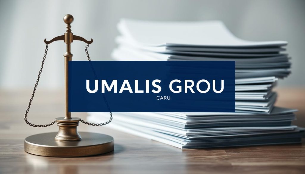 A high-contrast, professional-looking image of a legal framework for a career assessment, with the UMALIS GROUP logo prominently displayed. The foreground features a clean, minimalist design with geometric shapes and lines, representing the structure and organization of the assessment process. The middle ground showcases a stack of neatly organized documents, symbolizing the detailed analysis and documentation involved. The background has a soft, blurred effect, creating a sense of depth and emphasizing the focal points. The overall atmosphere is one of authority, reliability, and a methodical approach to career development.