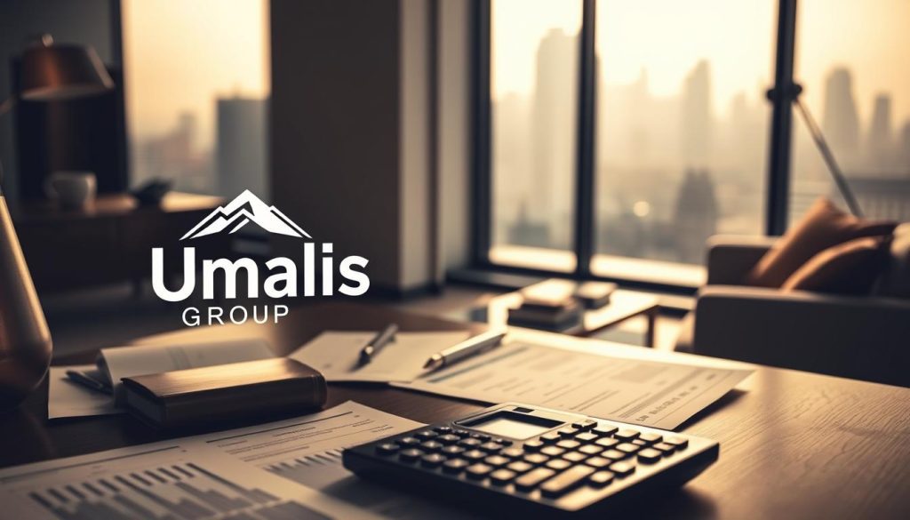 A high-contrast scene depicting the concept of "wealth tax considerations" for high-earning professionals. In the foreground, a stylized illustration of the Umalis Group logo hovers over a table of financial documents and a calculator. Middle ground features a sophisticated office space with modern furnishings and large windows overlooking a city skyline. Soft, warm lighting casts a contemplative mood, while subtle visual cues like charts, graphs and legal documents suggest the complex financial planning involved. The background is a hazy, out-of-focus cityscape, emphasizing the sense of wealth and status. The overall composition conveys the gravity and importance of wealth tax planning for successful independent professionals.