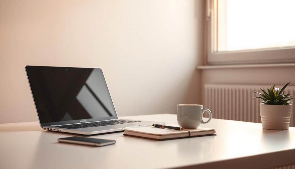 A high-key, minimalist still life showcasing the key benefits of the Salarial Portage system for independent professionals. The scene features a clean, well-lit workspace with a laptop, notebook, and a cup of coffee neatly arranged. Soft natural lighting from a large window casts a warm glow, highlighting the modern, ergonomic design of the workspace. The composition emphasizes the flexibility, autonomy, and work-life balance enabled by the Salarial Portage model, conveying a sense of productivity, efficiency, and calm professionalism. The overall aesthetic is sleek, sophisticated, and inspirational, inviting the viewer to imagine themselves thriving in this type of empowered, self-directed work environment.
