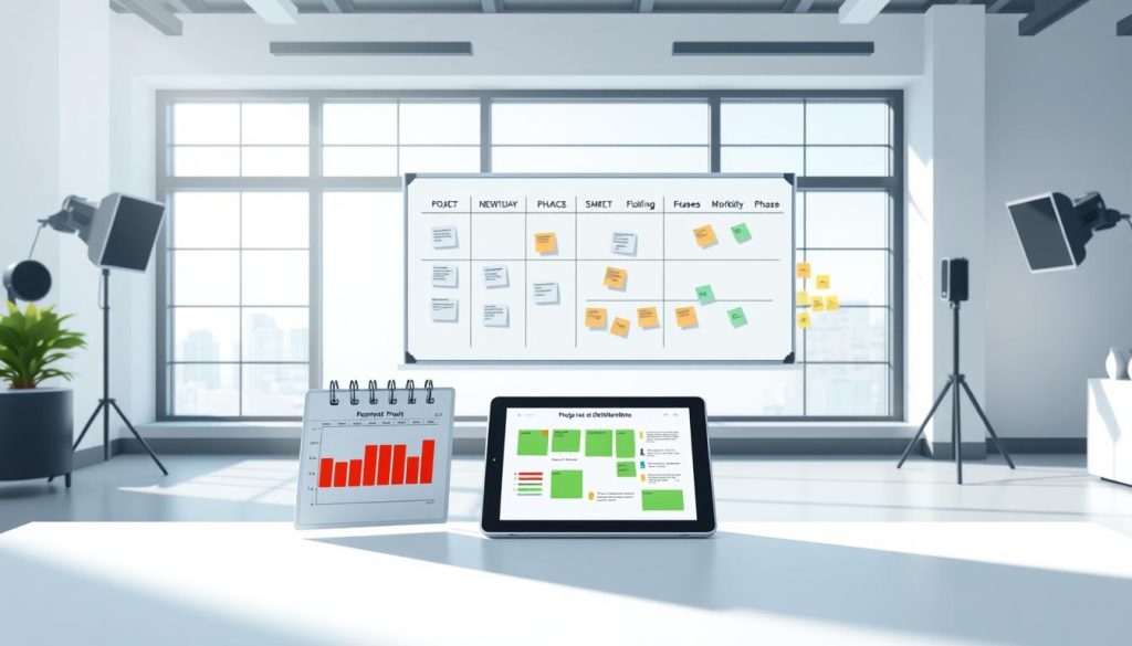 A high-key, well-lit, cinematic studio scene depicting the "Project milestones and deliverables" for the Umalis Group. In the foreground, a sleek, minimalist desk displays a gantt chart, a calendar, and a tablet showcasing key project deliverables. In the middle ground, a wall-mounted whiteboard outlines distinct project phases and milestones, with sticky notes and colored markers. The background features large windows, allowing natural light to flood the space, creating a sense of clarity and organization. The overall atmosphere conveys a professional, focused, and productive work environment conducive to successful project management.