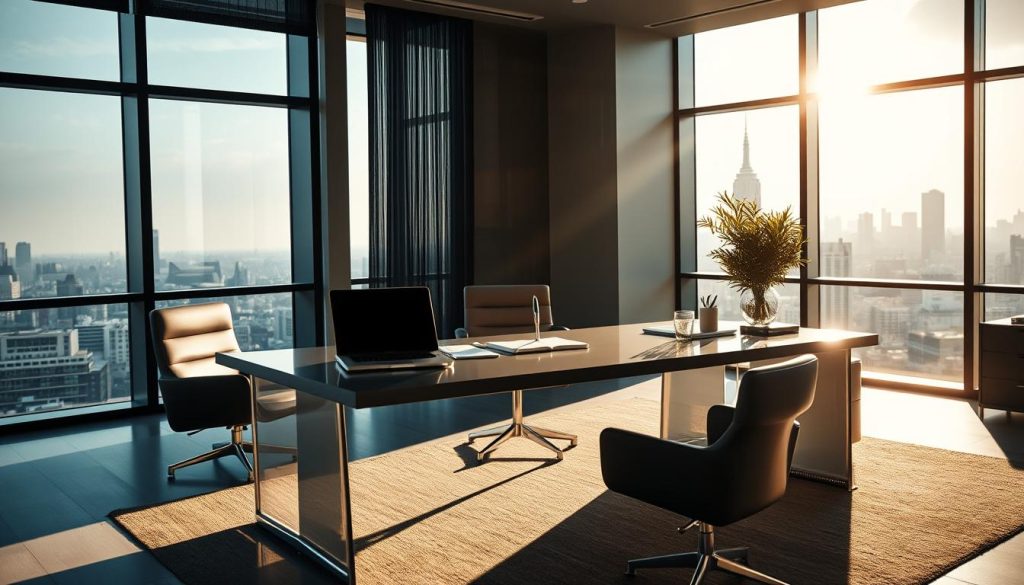 A high-powered, modern executive office with sleek, minimalist furniture and floor-to-ceiling windows overlooking a city skyline. The focal point is a LIGHT PORTAGE desk, its clean lines and premium materials exuding a sense of professionalism and productivity. Sunlight streams in, casting dramatic shadows and highlighting the desk's elegant silhouette. On the desk, a laptop, a pen holder, and other essential tools for a freelance professional's work setup. The mood is one of focused determination and entrepreneurial spirit, capturing the essence of the "statut juridique freelance" and its implications for business accounting.