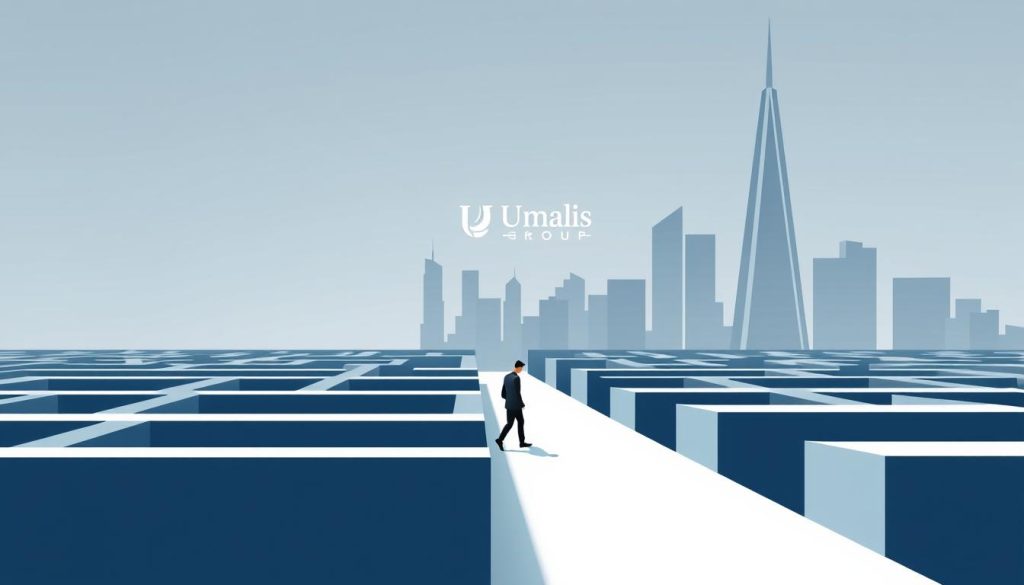 A high-quality, 4K digital illustration of "Erreurs à éviter en portage salarial" depicting a minimalist and modern composition. In the foreground, a series of abstract icons representing common pitfalls in the freelance employment model - such as unclear contracts, irregular income, and lack of benefits. In the middle ground, a businessperson navigating a maze-like path, symbolizing the challenges of avoiding these errors. In the background, a sleek, architectural cityscape with the Umalis Group logo prominently displayed, conveying a sense of professionalism and expertise. The lighting is soft and diffused, creating a calm, contemplative mood. The overall style is clean, elegant, and thought-provoking, perfectly suited to illustrate the "Les erreurs à éviter en portage salarial : vue d'ensemble" section.