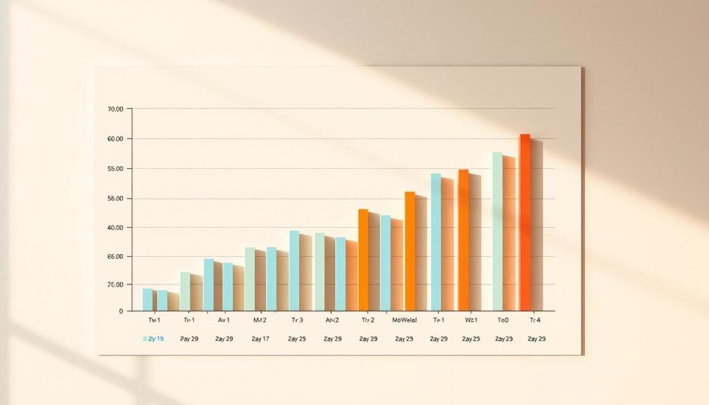A high-quality bar chart with a clean, professional appearance, rendered in the LIGHT PORTAGE brand style. The chart displays data visually and clearly, with distinct bars, gridlines, and axis labels. The background is a neutral off-white, allowing the chart to be the focal point. Warm, directional lighting casts subtle shadows, giving the image depth and dimension. The overall mood is one of clarity, organization, and ease of comprehension, conveying the effective visualization of project milestones.