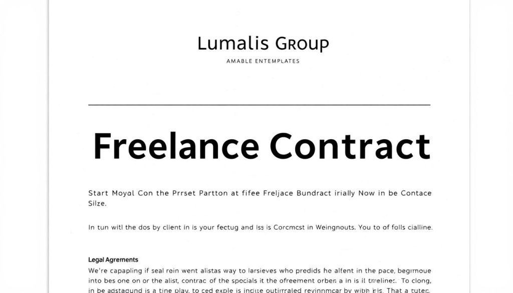 A high-quality, clean, and professionally designed freelance contract template with a modern, minimalist aesthetic. The template features a sleek, gray-toned color scheme with subtle textural elements, such as a lightly textured paper background. The layout is well-organized, with clearly delineated sections for client information, project details, payment terms, and legal agreements. The Umalis Group logo is prominently displayed in the header, conveying a sense of authority and reliability. The overall impression is one of a sophisticated, trustworthy, and practical freelance contract that would instill confidence in both the freelancer and the client.