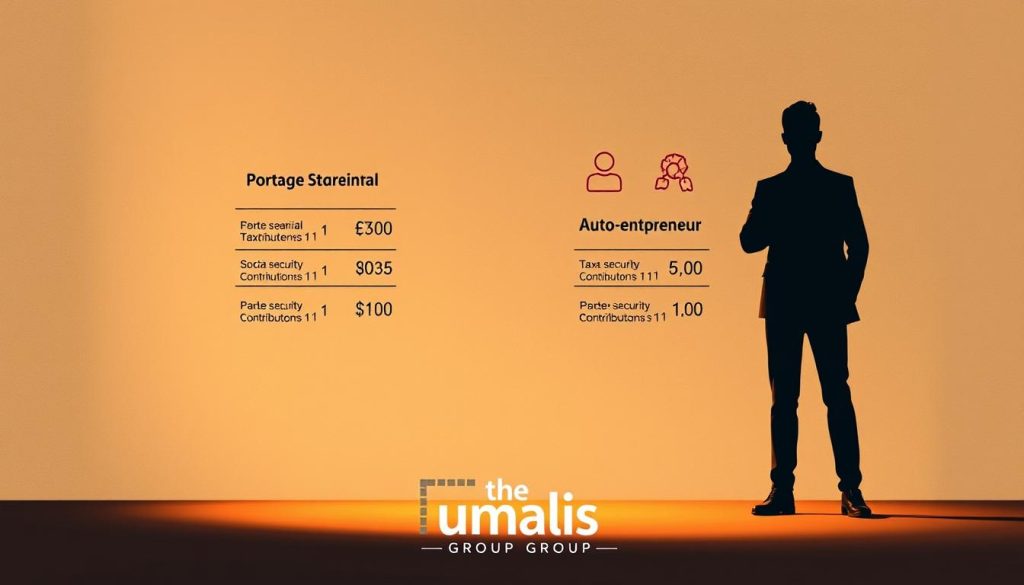A high-quality comparison of the fiscal and social frameworks of portage salarial and auto-entrepreneur, captured in a professional-grade illustration. Set against a subtly textured background, the foreground showcases two contrasting silhouettes, one representing the portage salarial model and the other the auto-entrepreneur. Detailed financial data and icons hover around each figure, conveying the nuances of their respective tax obligations and social security contributions. The overall scene is illuminated by warm, directional lighting, creating a sense of clarity and balance. The Umalis Group logo is discreetly positioned in the lower corner, lending an air of authority to the visual.
