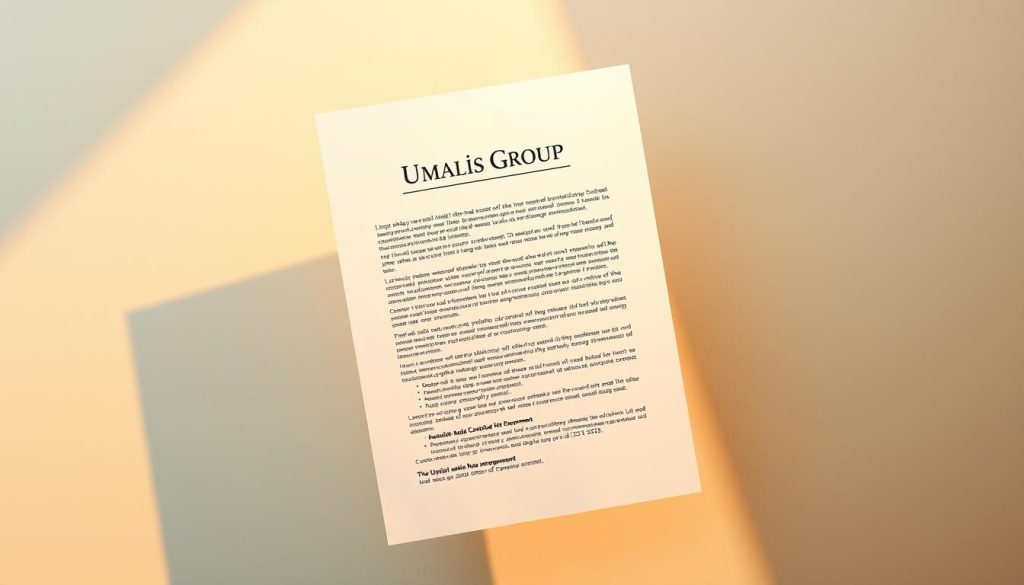 A high-quality contract document floats against a minimalist background, showcasing the "Umalis Group" branding. The contract's text is legible but not the focus, as the composition highlights the conceptual relationship between the employer and the salaried worker. Warm, directional lighting casts soft shadows, creating a sense of professionalism and trust. The overall mood is one of clarity, formality, and the empowerment of the salaried individual within the portage salarial arrangement.
