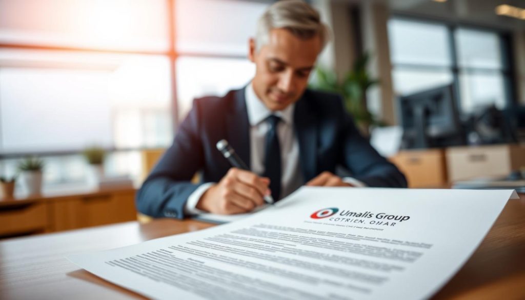 A high-quality contract document in the foreground, displaying the Umalis Group logo prominently. In the middle ground, a professional-looking business person signing the contract, dressed in a smart suit. The background features a blurred office environment with modern furniture and equipment, conveying a sense of professionalism and corporate setting. Warm, natural lighting from windows casts a soft glow, creating a welcoming and authoritative atmosphere. The overall composition highlights the importance and legality of the portage salarial contract, aligning with the article's subject and section title.