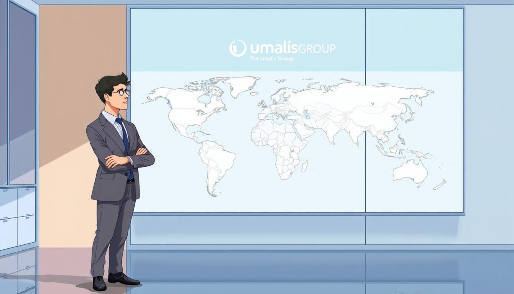 A high-quality, detailed illustration of a businessperson standing in front of a world map, contemplating the choice between international employee detachment or expatriation. The scene is set in a modern, minimalist office environment with clean lines and natural lighting. The Umalis Group logo is subtly displayed in the background, reflecting the subject's association with global employment solutions. The figure's pose and facial expression convey thoughtfulness and decision-making, capturing the essence of the "Choix du statut : détachement ou expatriation" section.