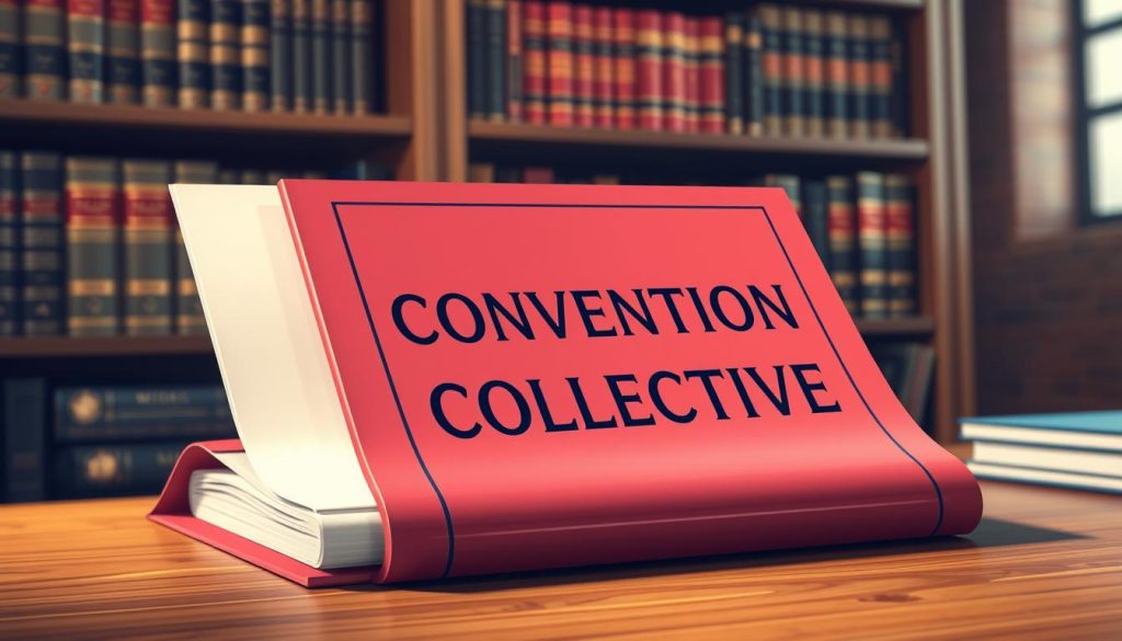 A high-quality, detailed illustration of a convention collective applicable, featuring the UMALIS GROUP brand. The image showcases a document with a red and blue cover, prominently displaying the text "CONVENTION COLLECTIVE" in a bold serif font. The document is positioned on a wooden desk, with a warm, focused light highlighting its crisp edges and intricate details. In the background, a bookshelf filled with legal and business-related volumes creates a professional, authoritative atmosphere. The overall composition conveys a sense of expertise, organization, and the importance of understanding and applying the correct convention collective.