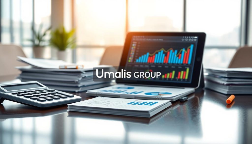 A high-quality, detailed illustration of financial tools for cost estimation and administrative fee forecasting. In the foreground, display a sleek calculator, a notepad with graphs, and a digital tablet showing financial charts, all arranged on a polished desk. In the middle ground, incorporate stacks of neatly organized documents and charts with colorful graphs, symbolizing data analysis. In the background, a blurred modern office setting with large windows allowing soft daylight to filter in, creating a bright and professional atmosphere. Use a shallow depth of field to emphasize the tools. The mood should be focused and businesslike, conveying a sense of professionalism and efficiency. Include the brand name "Umalis Group" subtly integrated into the design elements.