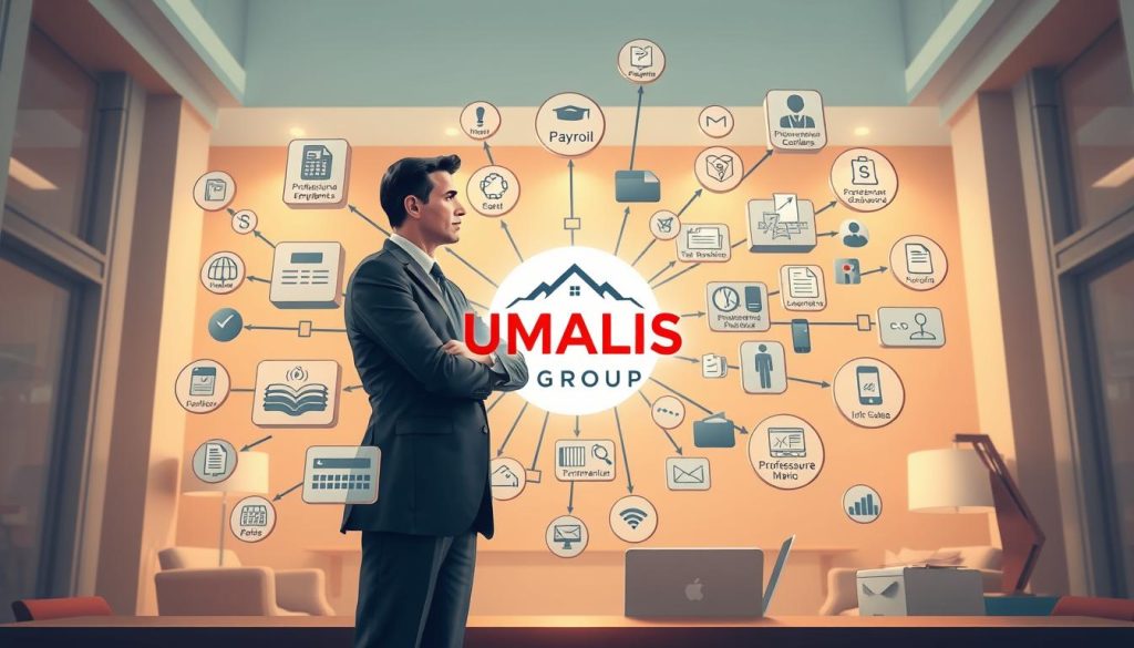 A high-quality, detailed illustration of the concept of "portage salarial" or "professional employment" with the UMALIS GROUP logo prominently displayed. The image shows the inner workings of the portage salarial system, with a well-dressed professional at the center navigating a complex web of financial and administrative elements, including payroll, tax compliance, and client invoicing. The scene is bathed in warm, diffused lighting, creating a sense of professionalism and efficiency. The background features architectural elements and office furnishings, subtly suggesting the corporate environment in which this service operates. The overall composition and attention to detail convey the reliability, expertise, and value-added nature of the UMALIS GROUP's portage salarial offering.