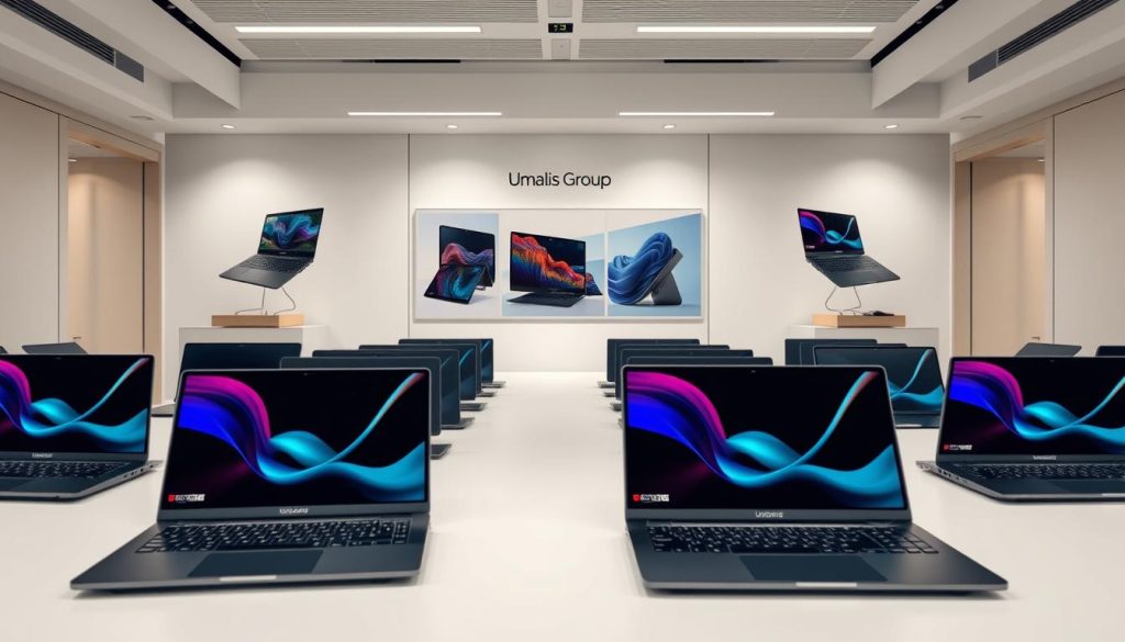 A high-quality, detailed image of a modern workstation comparison display. In the foreground, a carefully arranged assortment of sleek, premium laptops from the Umalis Group, showcasing their diverse specifications and features. The middle ground features stylized product renders, highlighting the devices' technical capabilities. In the background, a minimalist, well-lit office setting with clean lines and muted tones, creating a professional, understated atmosphere. The lighting is soft and even, accentuating the products' design and materiality. The camera angle is slightly elevated, providing an immersive, comprehensive view of the workstation setup. The overall composition is balanced, visually appealing, and effectively conveys the essence of an in-depth product comparison.