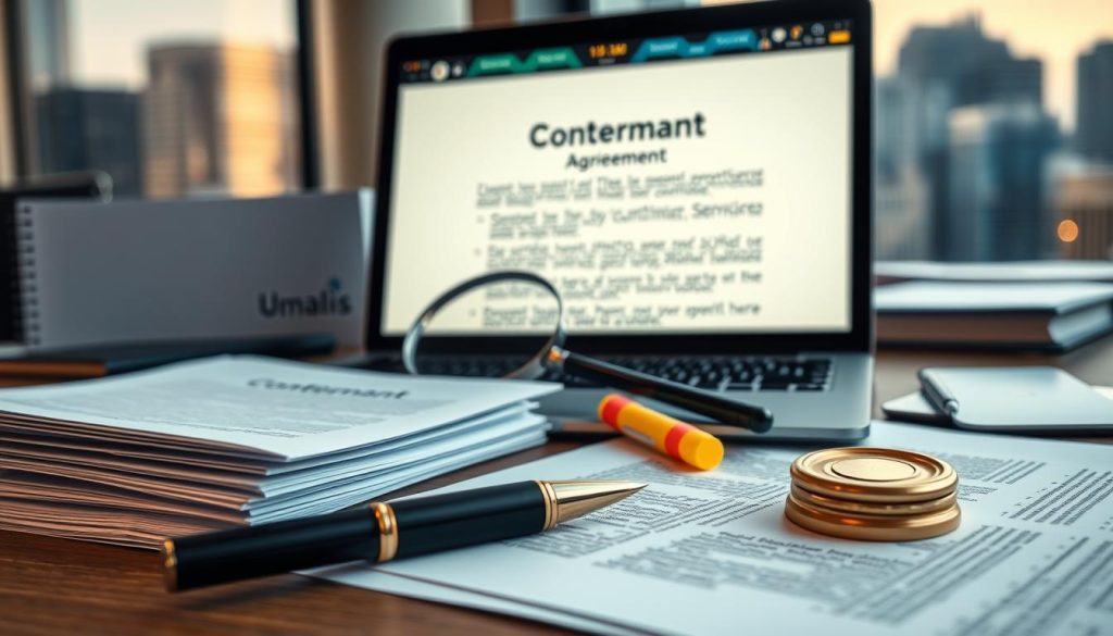 A high-quality, detailed still life of the key components of a professional services agreement, shot with a wide-angle lens in warm, soft lighting. In the foreground, a stack of legal documents, a pen, and a brass-finished contract seal. In the middle ground, a laptop displaying a contract template, with a magnifying glass and highlighter nearby. In the background, the Umalis Group logo and a blurred cityscape, conveying a sense of professionalism and the legal/business context. The overall mood is one of organization, attention to detail, and the importance of protecting one's freelance career.