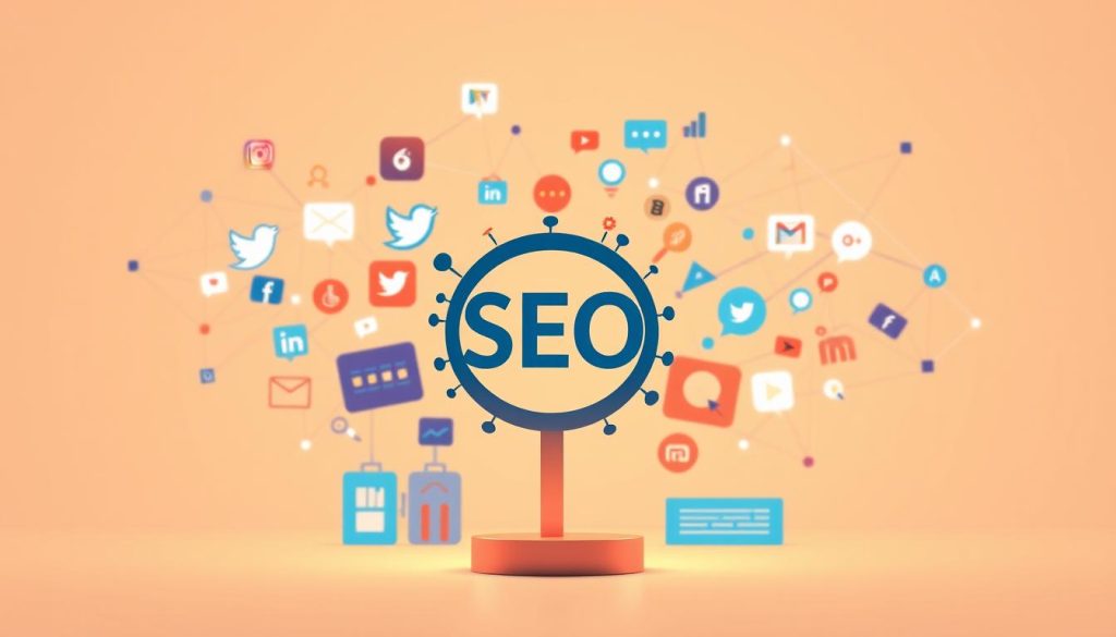A high-quality digital illustration showcasing the seamless integration of SEO and social media strategies. In the foreground, the Umalis Group logo stands prominently, symbolizing the expertise in this domain. The middle ground depicts various social media platforms and search engine optimization tools, working in harmony to amplify online visibility. The background features a stylized web of interconnected digital elements, representing the interconnected nature of these marketing approaches. The overall composition conveys a sense of balance, efficiency, and the power of synergistic digital marketing practices. Illuminated by warm, directional lighting and rendered with a sleek, minimalist aesthetic, this image effectively illustrates the "Integrating SEO and Social Media for Greater Reach" concept.