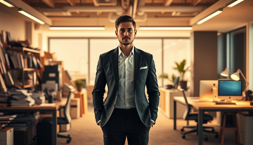 A high-quality, elegantly composed image contrasting the traditional work models with the flexible "Light Portage" freelance model. In the foreground, a well-dressed professional stands confidently, representing the Light Portage option. In the middle ground, a cluttered office scene depicts the conventional 9-to-5 workplace. The background features a sleek, modern workspace, hinting at the adaptability and freedom of the freelance lifestyle. Soft, warm lighting creates a serene, aspirational atmosphere, emphasizing the appeal of the flexible "Light Portage" model. Crisp, cinematic angles and a balanced, symmetrical composition lend an air of sophistication to the scene.