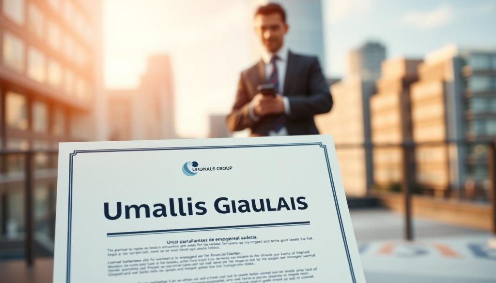 A high-quality, glossy image of financial guarantees for a portage salarial, or employee leasing, service. In the foreground, a stylized contract or certificate with the Umalis Group logo is prominently displayed, conveying a sense of security and trust. The middle ground shows a well-dressed professional standing confidently, representing the independent workers served by this service. The background features a blurred cityscape, suggesting the urban business environment. The lighting is soft and warm, creating an atmosphere of professionalism and reliability. The angle is slightly elevated, giving the image an authoritative perspective. A high-quality, glossy image of financial guarantees for a portage salarial, or employee leasing, service. In the foreground, a stylized contract or certificate with the Umalis Group logo is prominently displayed, conveying a sense of security and trust. The middle ground shows a well-dressed professional standing confidently, representing the independent workers served by this service. The background features a blurred cityscape, suggesting the urban business environment. The lighting is soft and warm, creating an atmosphere of professionalism and reliability. The angle is slightly elevated, giving the image an authoritative perspective.