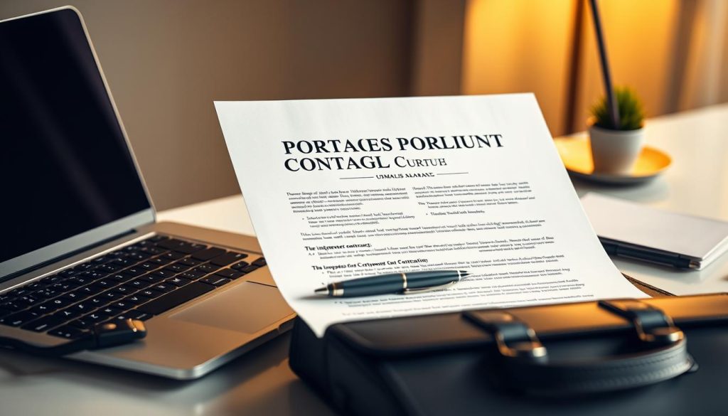 A high-quality image of a business contract between an independent professional and a portage salarial company, the UMALIS GROUP. The contract is the focal point, displayed on a sleek, minimalist desk with a modern laptop, pen, and briefcase. Soft, warm lighting illuminates the scene, creating a professional, yet inviting atmosphere. The background is subtly blurred, emphasizing the contract and conveying a sense of focus and attention to detail. The overall composition and styling reflect the reliability, security, and expertise associated with the portage salarial service.