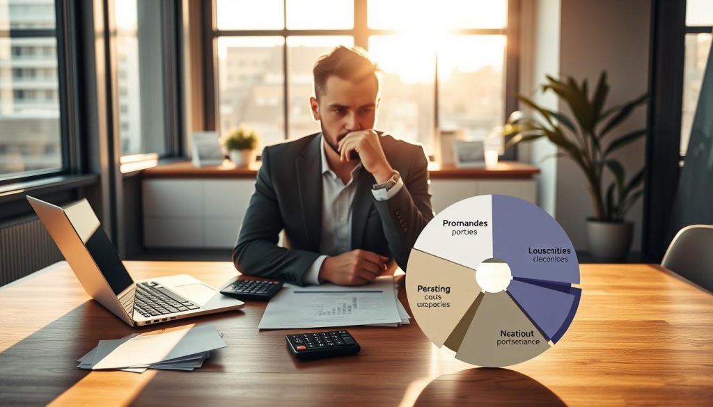 A high-quality image of "coûts portage salarial" for the article section "Les limites financières et les coûts cachés": A sleek, modern office workspace with a laptop, calculator, and documents scattered on a minimalist wooden desk. Crisp, directional lighting from large windows casts warm shadows, creating a professional yet contemplative atmosphere. In the foreground, a pie chart diagram displays financial data labeled in French, representing the hidden costs associated with "portage salarial" as offered by the Umalis Group. The midground features a thoughtful business person reviewing the data, their expression conveying the complexities of navigating the financial landscape of independent work. A high-quality image of "coûts portage salarial" for the article section "Les limites financières et les coûts cachés": A sleek, modern office workspace with a laptop, calculator, and documents scattered on a minimalist wooden desk. Crisp, directional lighting from large windows casts warm shadows, creating a professional yet contemplative atmosphere. In the foreground, a pie chart diagram displays financial data labeled in French, representing the hidden costs associated with "portage salarial" as offered by the Umalis Group. The midground features a thoughtful business person reviewing the data, their expression conveying the complexities of navigating the financial landscape of independent work.