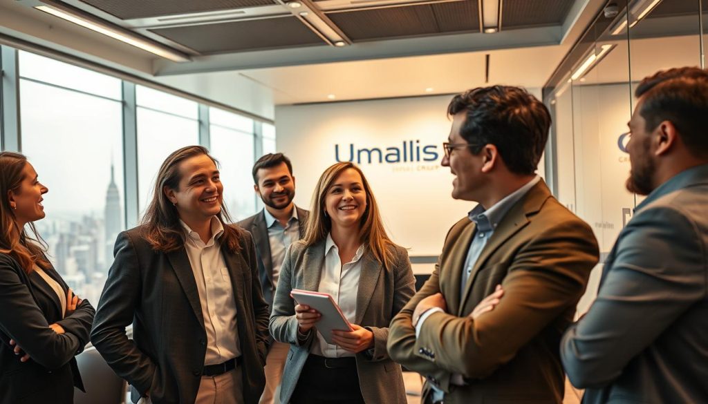 A high-quality image of "the advantages of payroll portability for trainers" showcasing the Umalis Group brand. In the foreground, a group of professional trainers engage in lively discussion, their expressions conveying the benefits of payroll portability - flexibility, security, and career growth. The middle ground features a sleek, modern office setting with Umalis Group branding prominently displayed. The background depicts a bustling city skyline, hinting at the wide-reaching opportunities enabled by payroll portability. Warm, natural lighting casts a professional, aspirational tone, while a cinematic, wide-angle lens captures the dynamic energy of the scene.