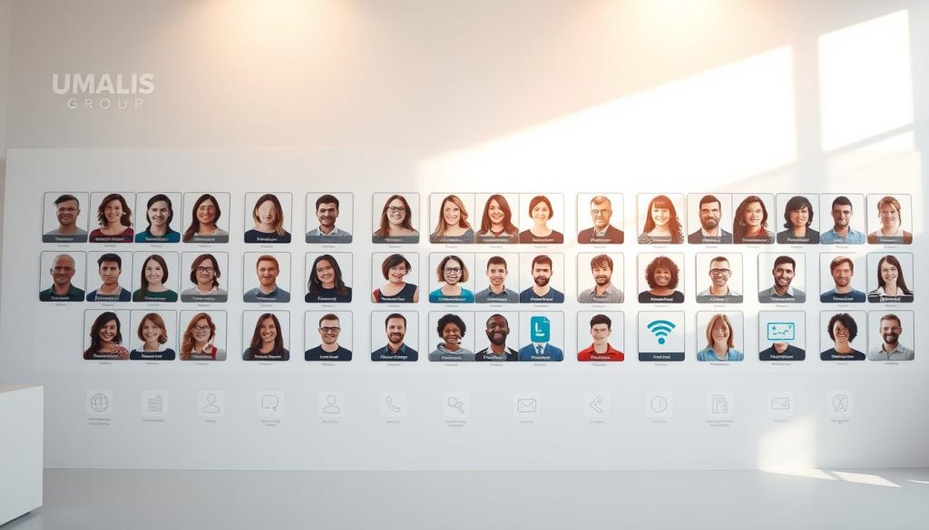 A high-quality, meticulously curated directory of skilled and vetted freelancers, showcased against a crisp, professional backdrop. Warm, natural lighting illuminates a clean, minimalist design aesthetic, with carefully arranged headshots, skills icons, and subtle Umalis Group branding. The overall composition conveys a sense of trust, reliability, and high-caliber talent, perfectly complementing the "Votre guide pour sélectionner un freelance image de qualité" article theme.