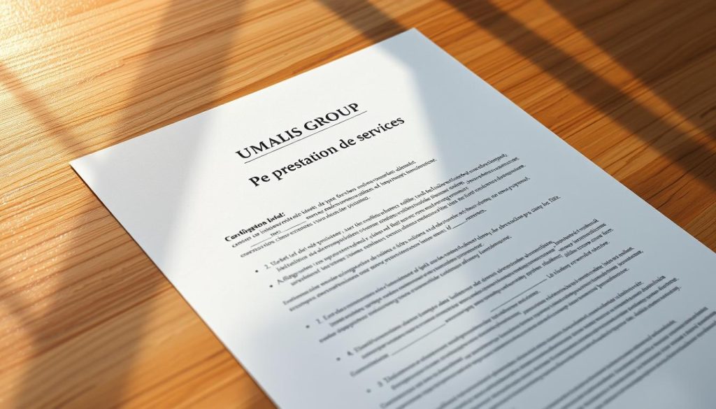 A high-quality, meticulously detailed document lying on a wooden desk, casting soft shadows. The "UMALIS GROUP" logo prominently displayed in the top left corner. The document's title, "Contrat de prestation de services", written in a crisp, professional font. The page has a clean, minimalist layout with well-organized sections highlighting the essential clauses, captured in a warm, natural lighting setup. The image conveys a sense of reliability, trustworthiness, and the importance of a professional service contract.