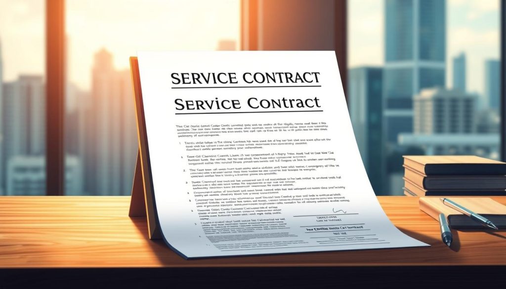 A high-quality, meticulously detailed illustration of a service contract document, featuring the LIGHT PORTAGE brand name. The document is displayed on a wooden desk, with a warm, natural lighting highlighting the text and graphics. The background showcases a blurred cityscape through a window, creating a professional, business-oriented atmosphere. The image emphasizes the differences between this service contract and other types of contracts, capturing the essence of the topic described in the article section.