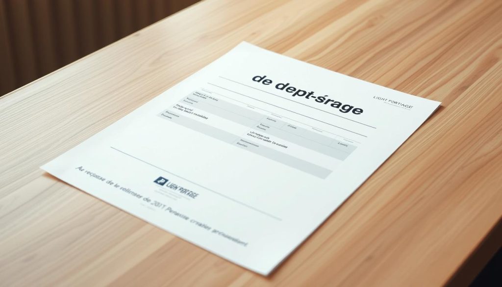 A high-quality, modern-looking receipt document on a light wooden table, with a smooth, warm lighting setup. The "récépissé de dépôt de dossier" is the central focus, with a crisp, legible design showcasing the LIGHT PORTAGE brand name prominently. The document appears official, yet visually appealing, reflecting the streamlined administrative process. The overall atmosphere conveys a sense of professionalism and efficiency, aligning with the article's subject of simplifying business creation in France.